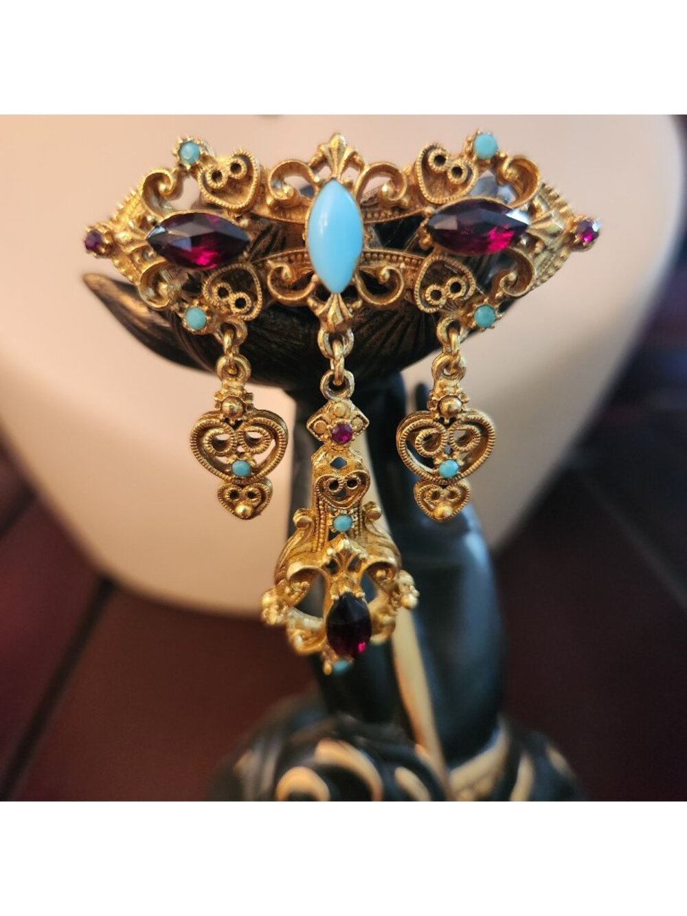Florenza Ornate Gold-Tone Brooch Dangling Turquoise & Ruby Glass Cabochons 50's